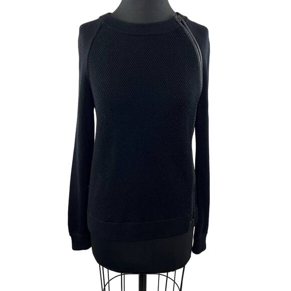 VINCE Black Wool & Leather Waffle Knit Crewneck Front Zip Pullover Sweater XS - Picture 1 of 6